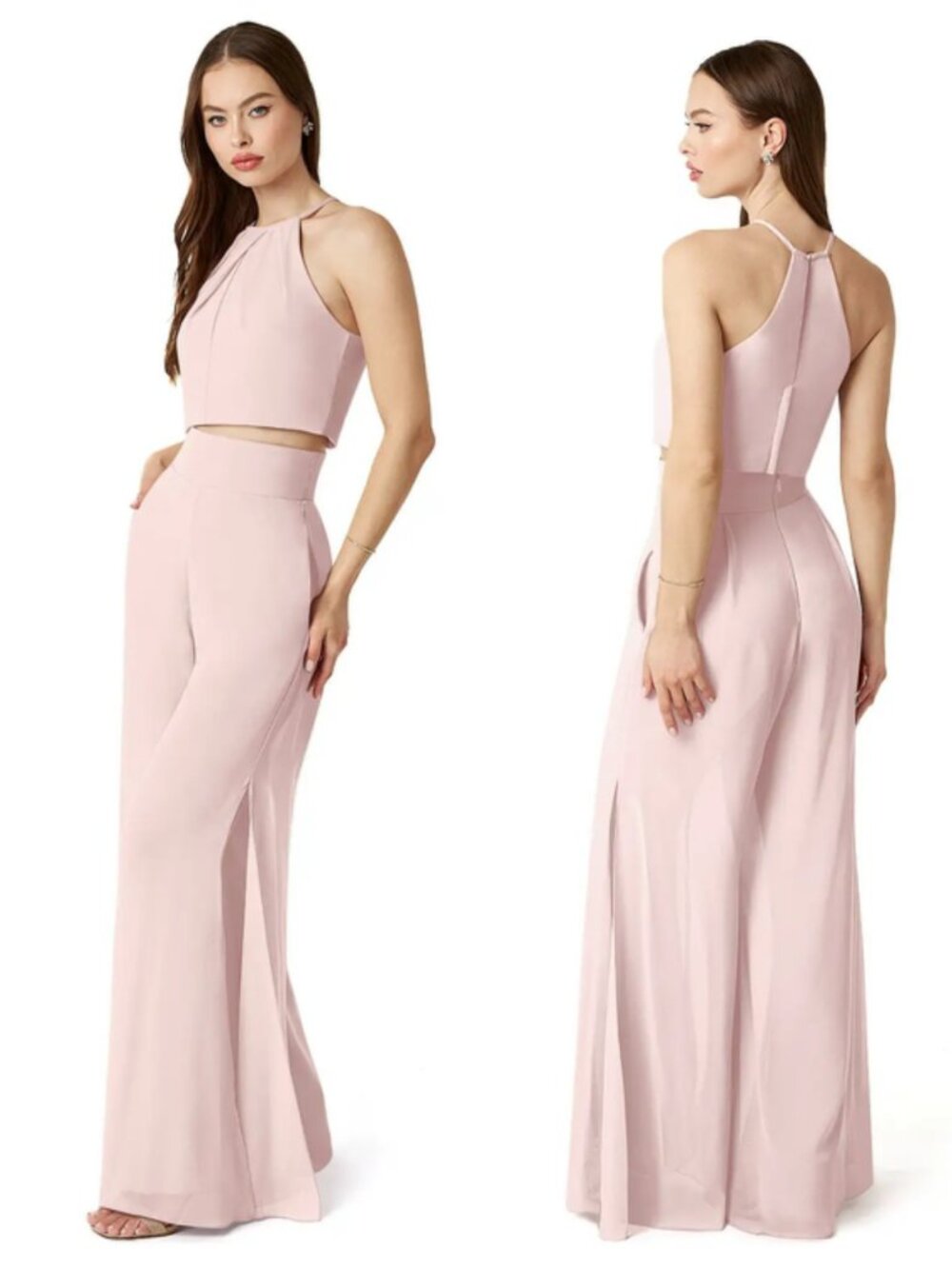 Azazie Kenzi Two-Piece Blushing Pink Pleated Chiffon Jumpsuit